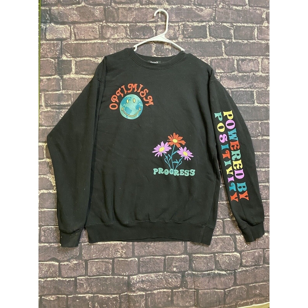 RSQ Lane‎ Seven Powered By Positivity Sweatshirt Mens Large Black Progress Happy